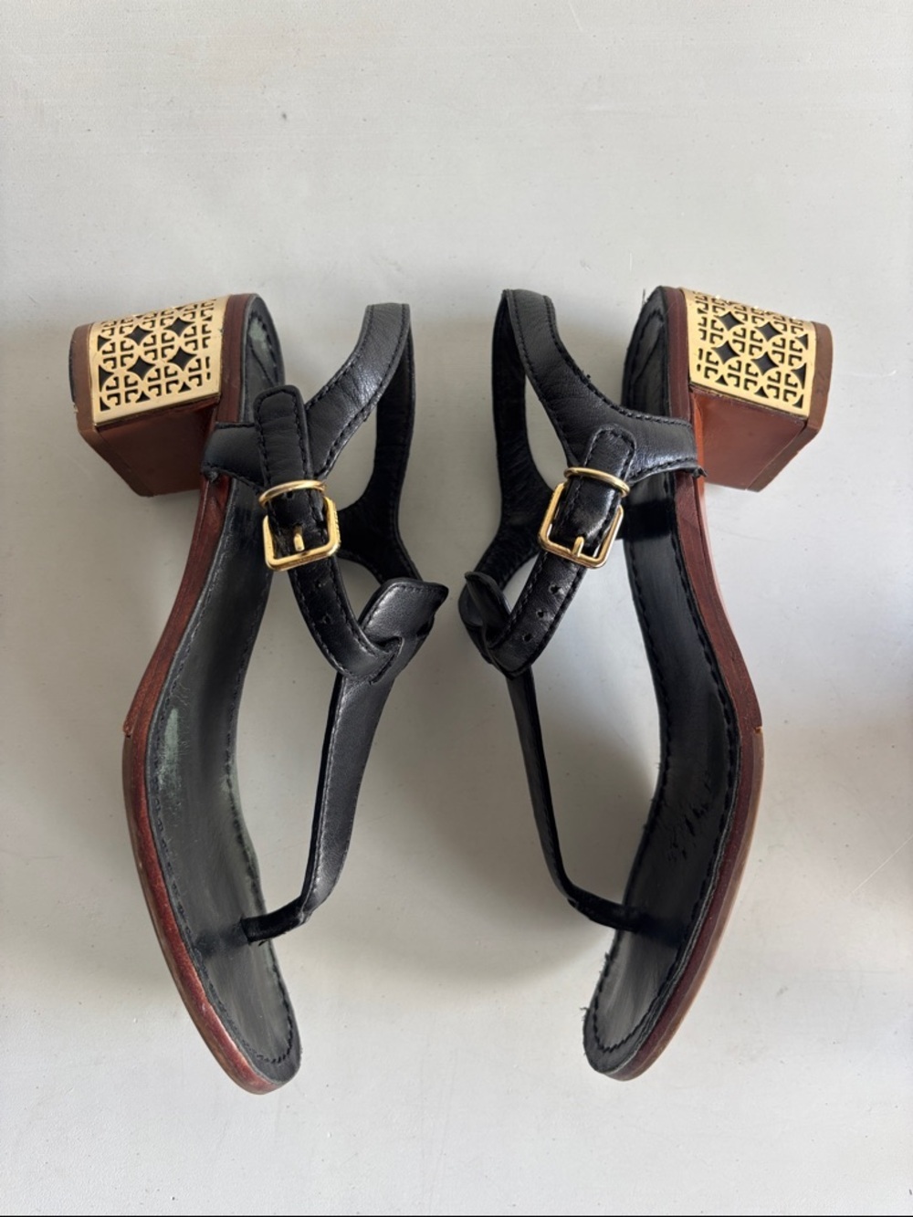 Tory Burch Black Leather Slingback Sandals with Gold-Tone Laser-Cut Block Heel